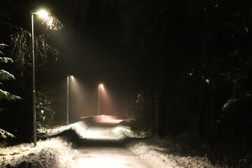 Night in fog one winter. Outdoor lighting in snowy weather.