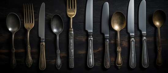 Vintage cutlery on dark rustic background. Old kitchen utensils, top view - obrazy, fototapety, plakaty