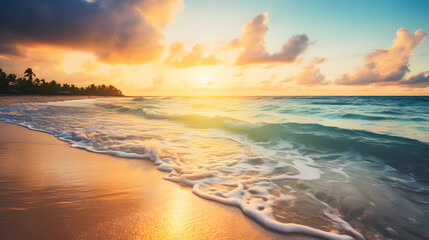 Beachfront Bliss: The Whisper of the Surf under a Blazing Dawn, Footprints Etched in Sands of Time as Day Awakens.
