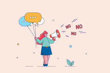 Time management concept. Confident businesswoman speak or scream loud on megaphone with words NO. Refuse to do wrong things. Learn to say no, leadership skill to manage workload.