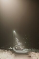 Night in fog one winter. Outdoor lighting in snowy weather.