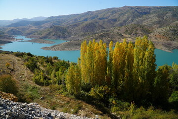 Reservoir lake for hydroelectric power plant, Bozkir Baraji Dam, Zafer Aksaray, Central Anatolia...