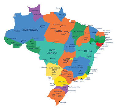 The detailed map of the Brazil with regions or states and cities, capitals.