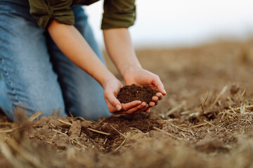 A young woman farmer holds black soil in her hand on an agricultural field. Close-up of hands with soil, quality check. Fertility concept, scaling.