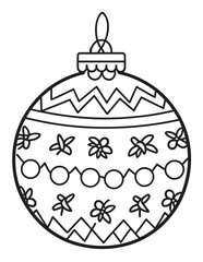 black and white coloring page for children with a Christmas tree bauble