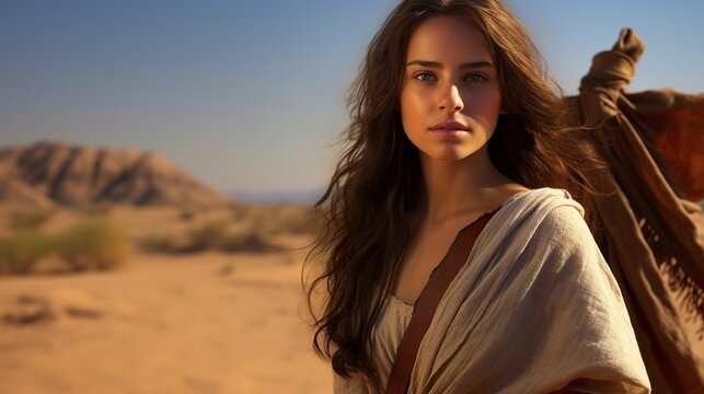 Representation of Dinah, daughter of Jacob, in the desert with a striking and beautiful presence. Poetic portrait of Dinah in a biblical lineage inheritance in a desert setting.