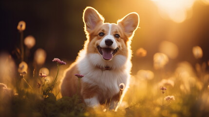 Happy Welsh Corgi puppy runs through the autumn grass and foliage in the park at sunset