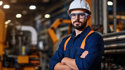Focused engineer in safety goggles and hard hat, analyzing blueprint with pen. Surrounded by complex machinery, showcasing expertise and problem-solving skills in industrial construction.