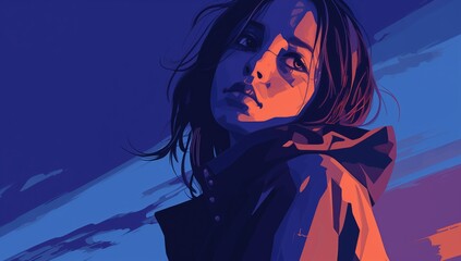 Simplistic vector art of a girl's face expression. This dark violet and sky-blue image evokes a sense of annoyance - obrazy, fototapety, plakaty