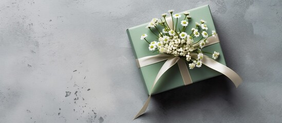 From above gift box with green ribbon and white Gypsophila flowers on concrete background