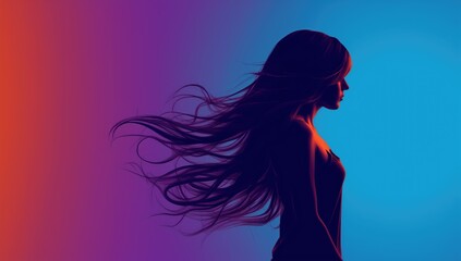 Silhouette of a girl with long hair, wearing a blue tee, against a blue background. Detailed illustration in dark purple and light gray, visually striking. A modern, stylish, and elegant concept