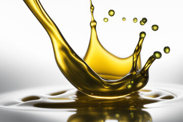 Yellow splash of olive oil on a gray background, sunflower oil, AI generated