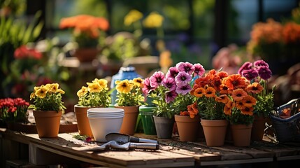 Gardening tools and flowers in the garden - obrazy, fototapety, plakaty