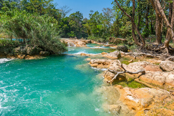 Agua Azul cascades with turquoise waters and tropical rainforest, Chiapas, Mexico.