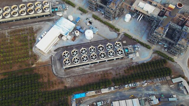 Cooling towers turbine of electrical powerplant energy natural gas combined cycle. Aerial shot