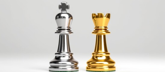 Leader or winner / conqueror concept : Side view of gold / golden king chess piece with silver knight and bishop nearby, on a black white 8x8 grid chessboard. Chess is a two player strategy board game