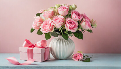 Gift box and bouquet of roses in a vase.