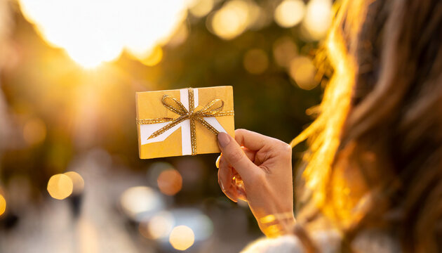 Gift Card In Woman Hand On The Sunset.