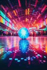 A classic 90's roller skating rink with disco ball and neon lights - obrazy, fototapety, plakaty