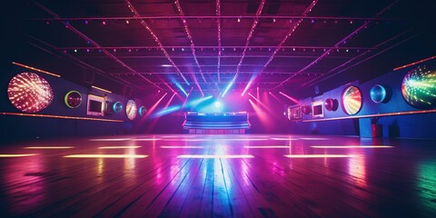 A classic 90's roller skating rink with disco ball and neon lights - obrazy, fototapety, plakaty