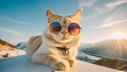 Cat in sun glasses on the sunset.