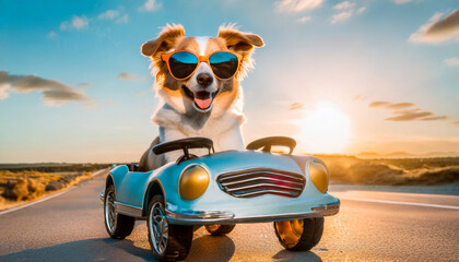 Dog in sun glasses in the toy car
