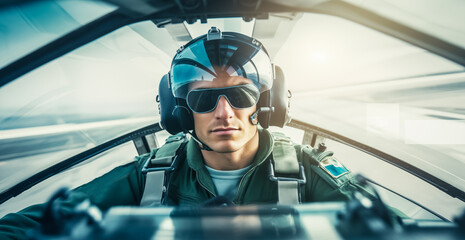 Fighter pilot cockpit view. Fighter Pilot in flight wearing flying helmet, dark visor and oxygen...