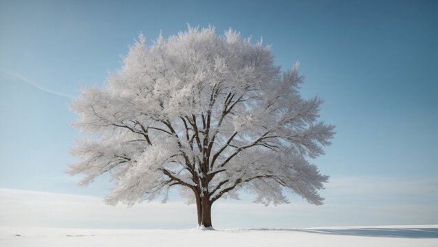 An image of a bare tree covered with soft, pure snow against a clear blue sky backdrop in the December season
