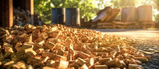 Ground level of heap of compressed wood pellets stacked on floor near chopped firewood of various types with green leaves and biomass briquettes in sunlight - obrazy, fototapety, plakaty