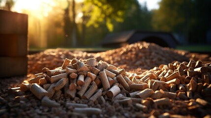 Ground level of heap of compressed wood pellets stacked on floor near chopped firewood of various types with green leaves and biomass briquettes in sunlight - obrazy, fototapety, plakaty