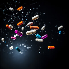 Pills with vibrant colors falling against dark background