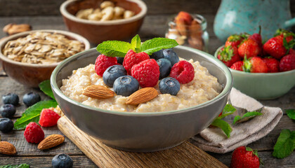 Muesli with berries and yogurt, healthy breakfast .