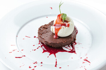 chocolate dessert with ice cream on a plate on a white background