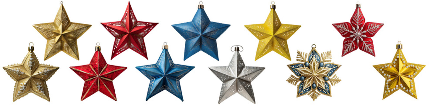Collection of Christmas star ornaments isolated on transparent background.  