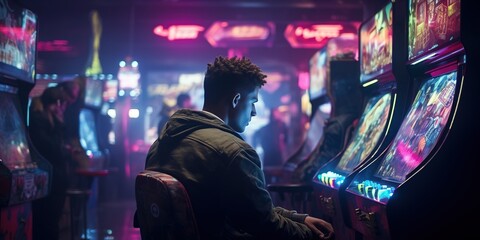 An arcade scene with youths playing on 90's arcade cabinets under fluorescent lights, retro theme