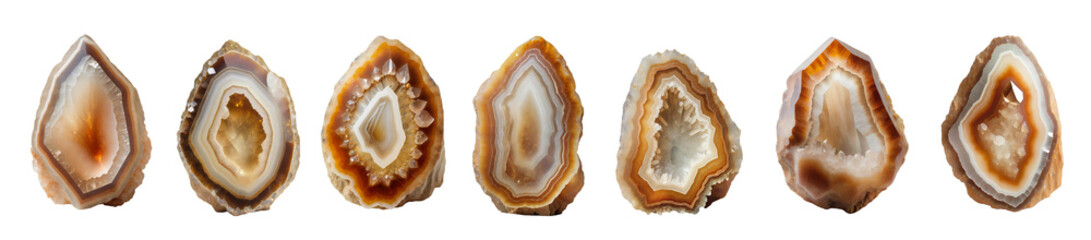 Collection of agate crystals isolated on transparent background.