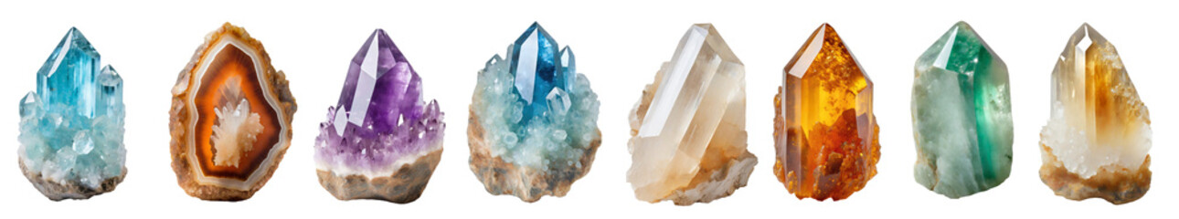 Collection of crystals isolated on transparent background.  Precious and semi-precious stones. - obrazy, fototapety, plakaty