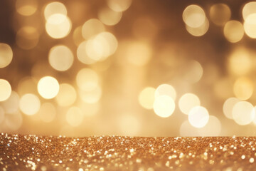 Golden christmas glittering particles with bokeh for a holiday background. Shiny golden New Year...