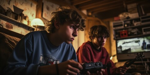 Obraz premium Teenagers playing with a vintage gaming console in a '90s living room