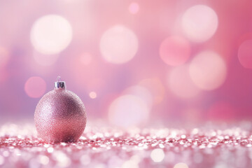 Pink christmas tree decoration on pink glittering particles with bokeh for a holiday abstract background. Sparkling New Year lights