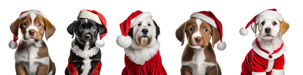 Collection of different dogs as Santa Claus isolated on transparent background.  