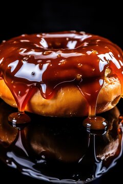 Delicious home made New York bagle covered with syrup on the black background,