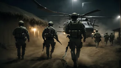 Selbstklebende Fototapeten A night raid on an enemy base, with special forces operatives descending from helicopters with ropes. © xKas