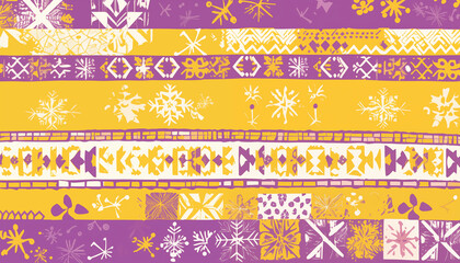 Festive Decorative Tile Pattern with Whimsical Folk-Inspired Motifs in Light-Magenta, Light-Yellow, and Light-Purple Color Palette