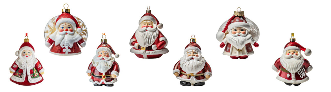 Collection of Santa Claus Christmas ornaments isolated on transparent background.