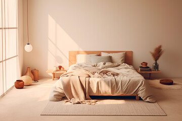 Bedroom interior. White room with natural wooden simplistic Earth tones design. Scandi Boho style with light from the window	