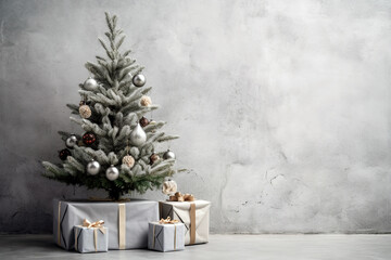 Room with concrete wall with decorated Christmas tree and copy space