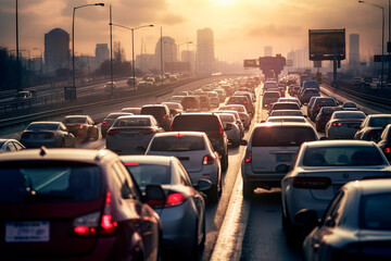 car stuck in traffic with visible exhaust fumes, air pollution	 - obrazy, fototapety, plakaty