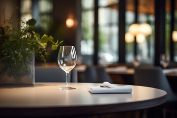 Elegant Minimalist Table Setting in Upscale Restaurant with Soft Bokeh Background - obrazy, fototapety, plakaty