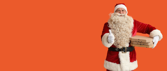 Santa Claus holding boxes with tasty pizza and showing thumb-up on orange background with space for text